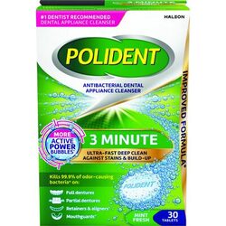 Polident 3 Minute Mint Fresh, Antibacterial Denture Cleanser 30 Tablets/Box, 3 Boxes/pkg