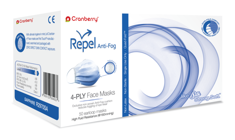 Repel Face Mask Antifog 4-Ply ASTM Level 3, 50/Box
